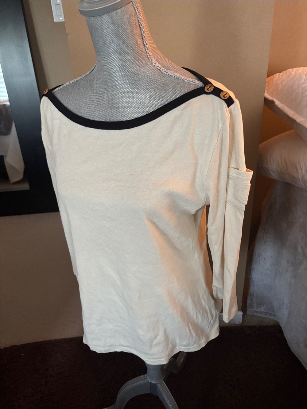 Lauren Ralph Lauren Cream Long-Sleeve Boatneck Top with Black Trim